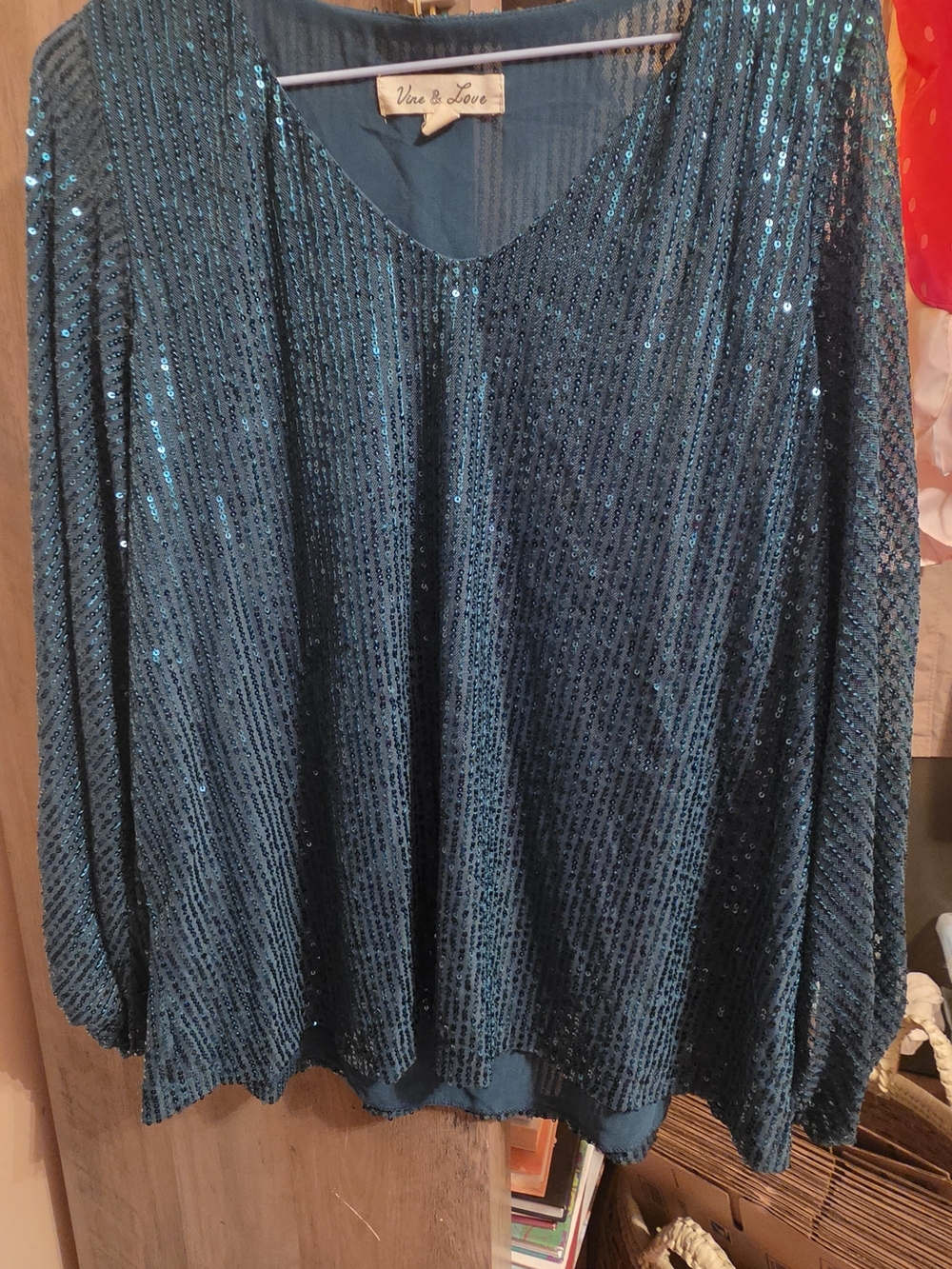 Vine & Love Evergreen Sequin V-Neck Sheer Balloon Long Sleeve Blouse Holiday